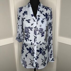 Candie's Women's Sheer Floral Blue Button-Down‎ Blouse Size Med long sleeves